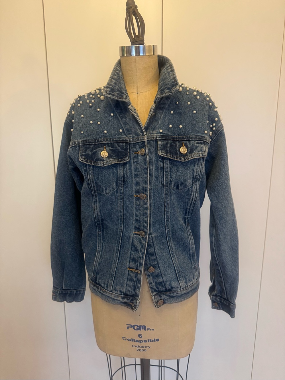 Pearl-Accent Dark Blue Denim Jacket for Women